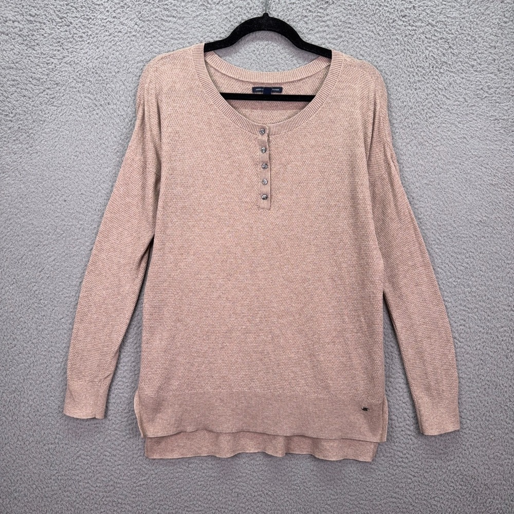 American Eagle Shirt Womens M Beige Oversized Henley Waffle Knit Preppy Y2K